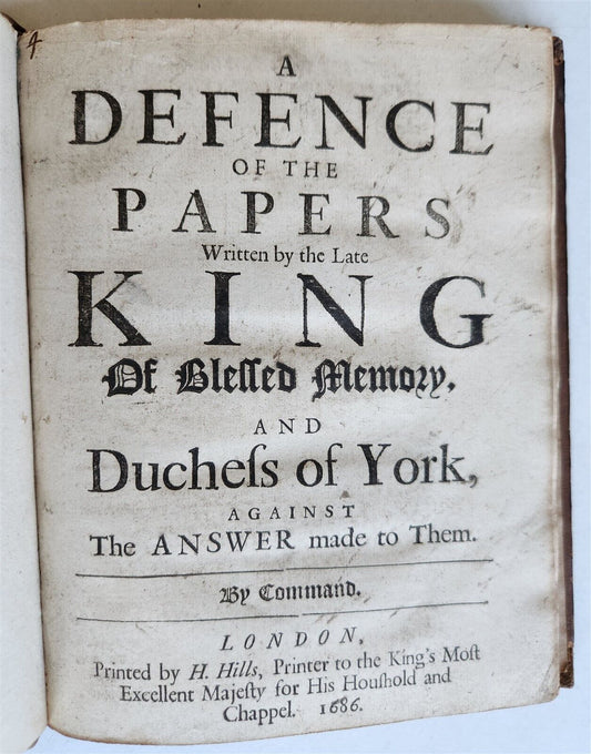 1686 DEFENCE of PAPERS WRITTEN by LATE KING by JOHN DRYDEN antique in ENGLISH