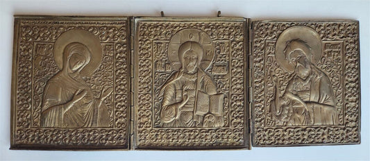 19h CENTURY RUSSIAN ORTHODOX BRONZE ICON TRIPTYCH antique DEISIS VERY LARGE!