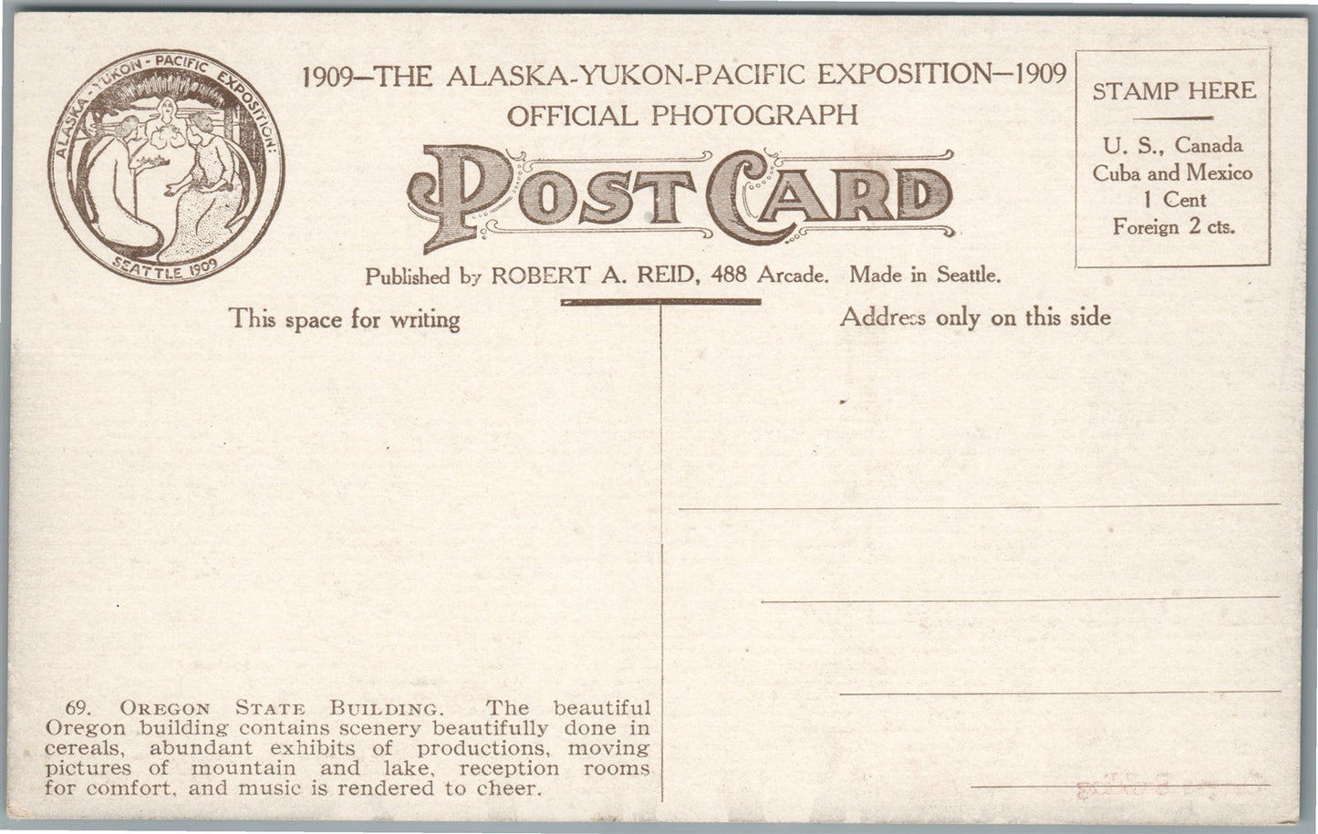 SEATTLE WA 1909 ALASKA YUKON PACIFIC EXPOSITION OREGON BUILDING ANTIQUE POSTCARD