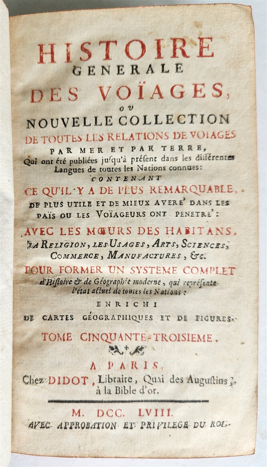 1758 HISTOIRE des VOYAGES VOL. 53 antique illustrated AMAZON RIVER - ARGENTINA
