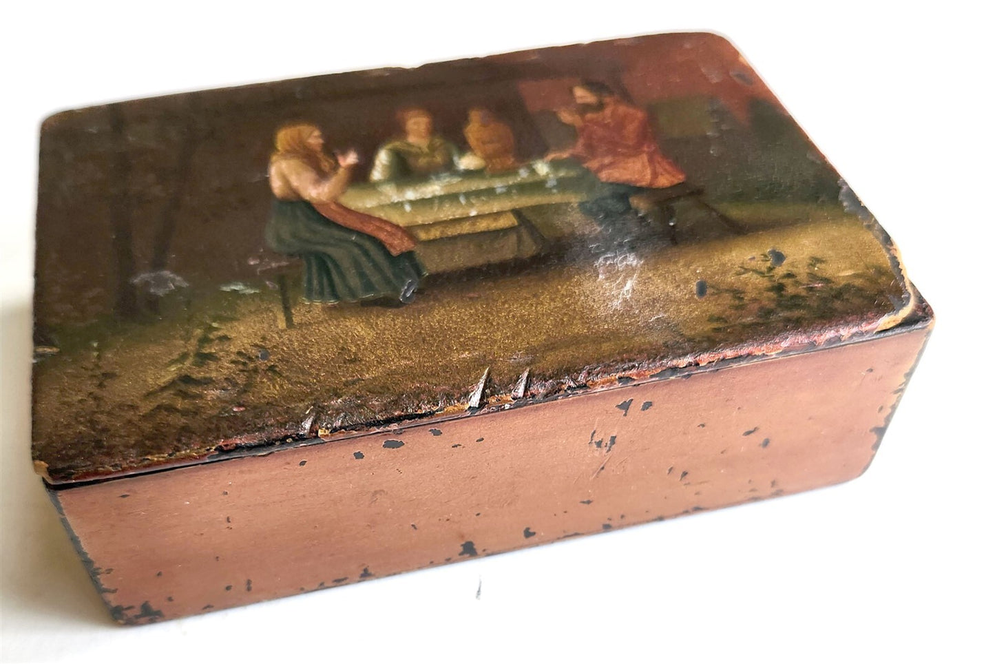 RUSSIAN 19th cent antique LACQUER BOX VISHNYAKOV MANUFACTURE TEA PARTY w/SAMOVAR