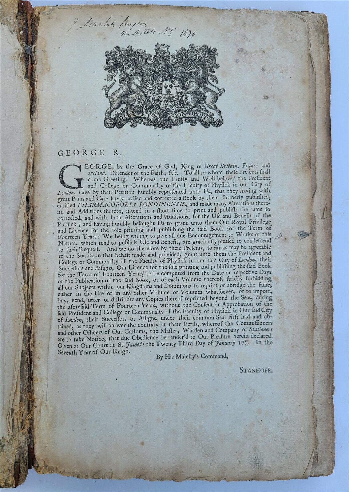 1721 PHARMACOPEIA in ENGLISH antique FOLIO