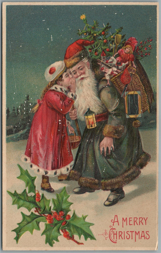 CHRISTMAS SANTA in GREEN ROBE ANTIQUE POSTCARD