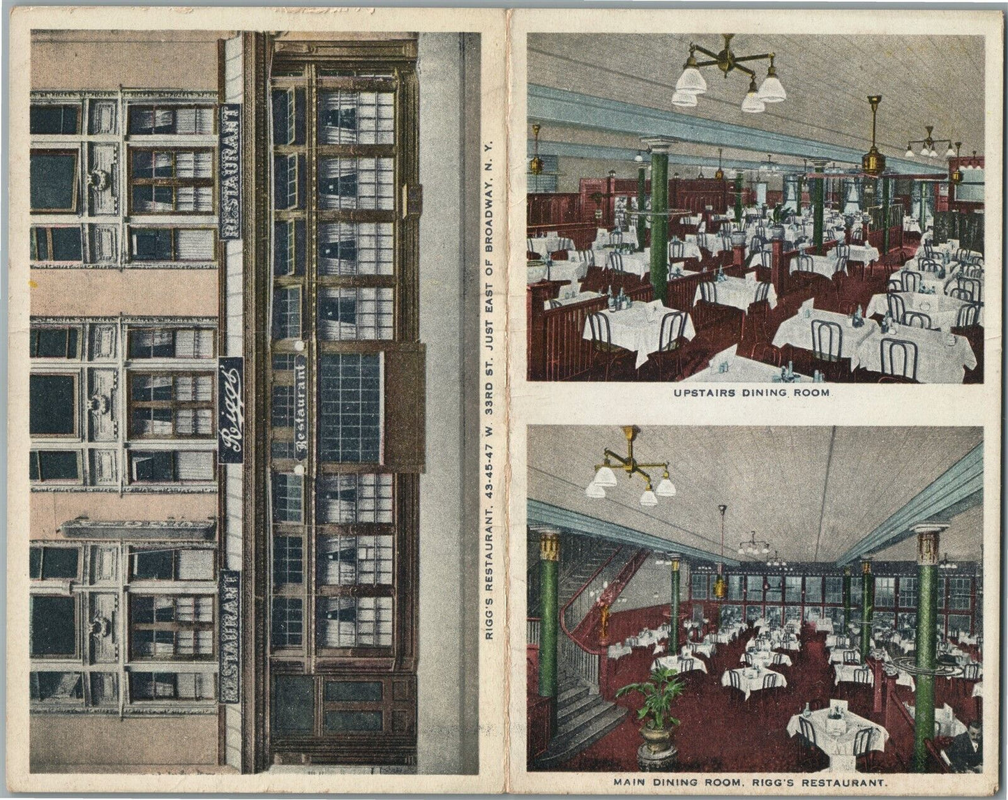 NEW YORK NY RIGG'S RESTAURANT ADVERTISING FOLDING DOUBLE ANTIQUE POSTCARD