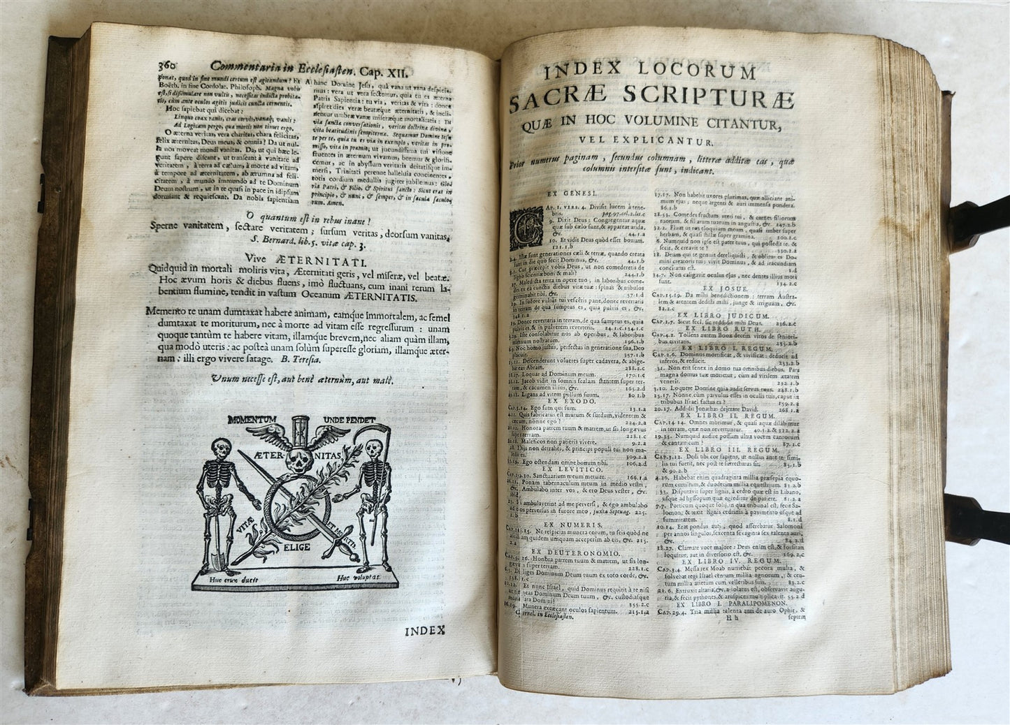 1725 COMMENTARIUS in ECCLESIASTEN PIGSKIN BOUND FOLIO w/ CLASPS antique
