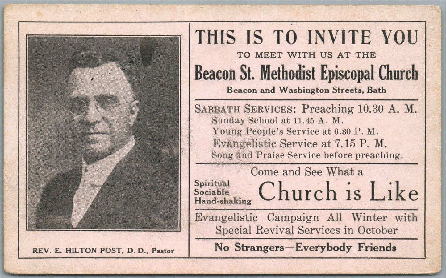 BATH ME BEACON STREET METHODIST CHURCH INVITATION ANTIQUE POSTCARD