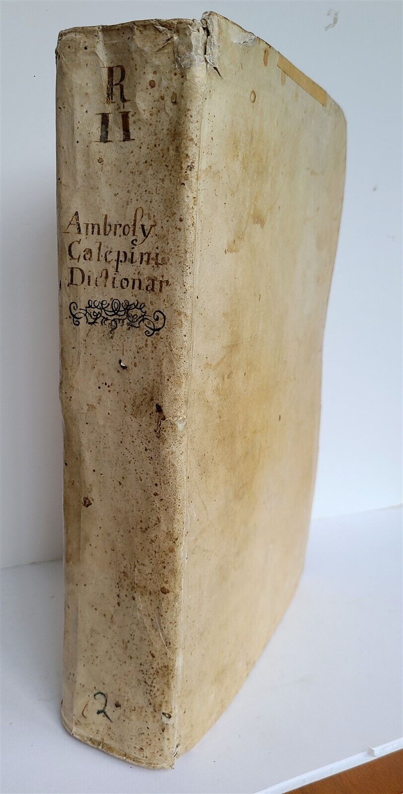 1585 LATIN DICTIONARY by AMBROSII CALEPINI DICTIONARUM antique VELLUM FOLIO