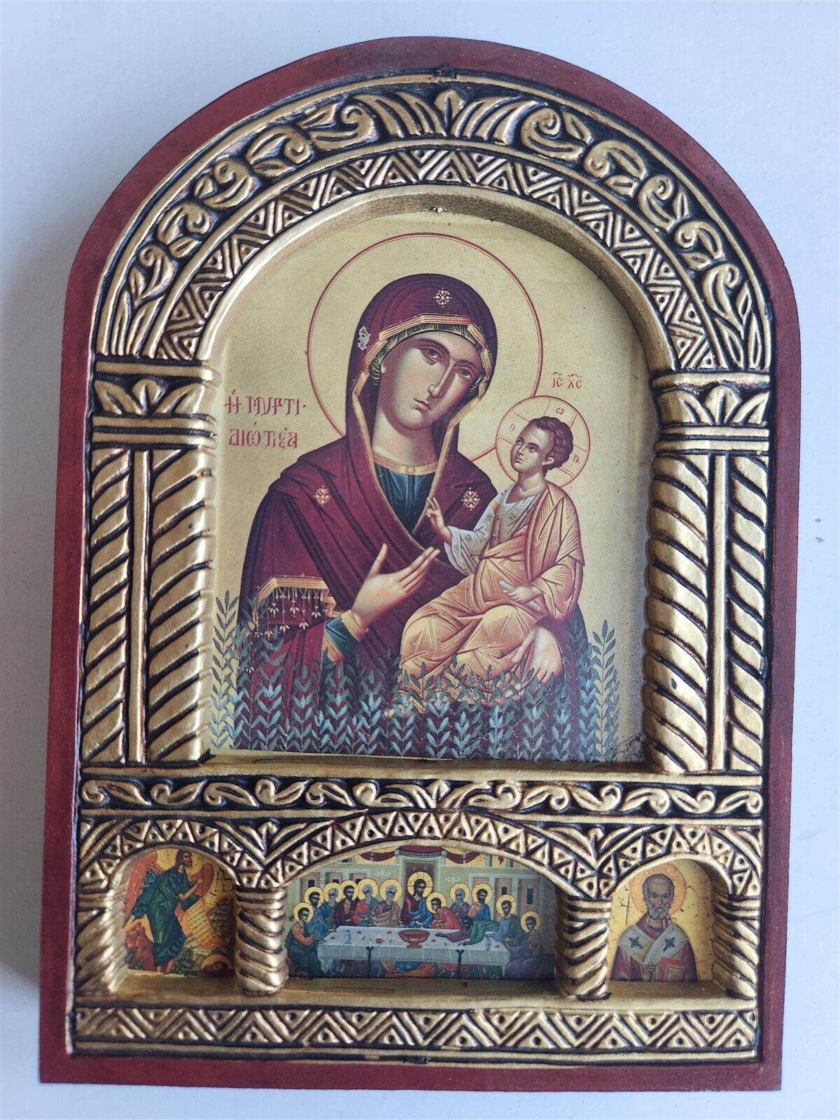 GREEK BYZANTINE RUSSIAN ORTHODOX ICON on WOOD of MOTHER OF GOD modern w/ COA