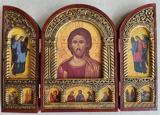 GREEK ORTHODOX ICON wooden TRIPTYCH Byzantine JESUS & GUARDIAN ANGELS w/ COA