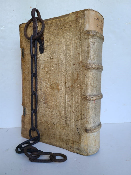 1593 RARE CHAINED LIBRARY FOLIO by LUIS DE GRANADA ILLUSTRATED antique PIGSKIN