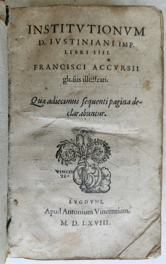 1568 LAW BOOK Institutes of Emperor Justinian w/commentaries by Francois Accurse