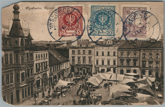 POLAND MYSLOWICE RYNEK ANTIQUE POSTCARD w/ STAMPS