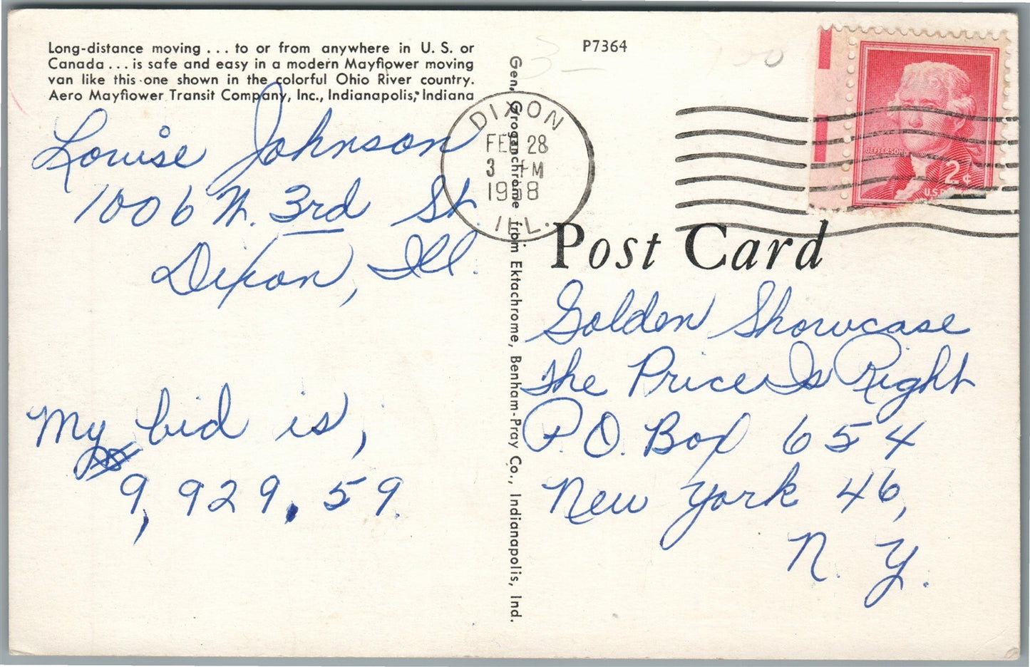 INDIANAPOLIS IN MAYFLOWER MOVING TRUCK ADVERTISING VINTAGE POSTCARD