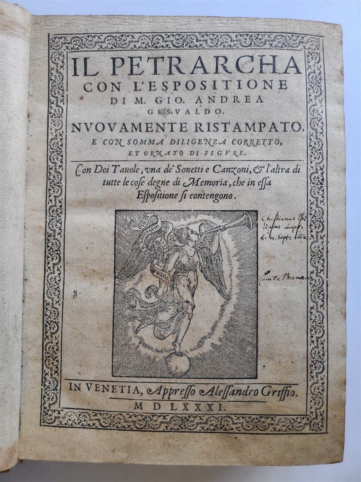 1581 IL PETRARCA COM L'ESPOSITIONE di M. Gio Andrea Gesualdo antique 16th CENT.