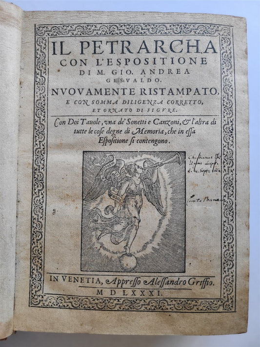 1581 IL PETRARCA COM L'ESPOSITIONE di M. Gio Andrea Gesualdo antique 16th CENT.