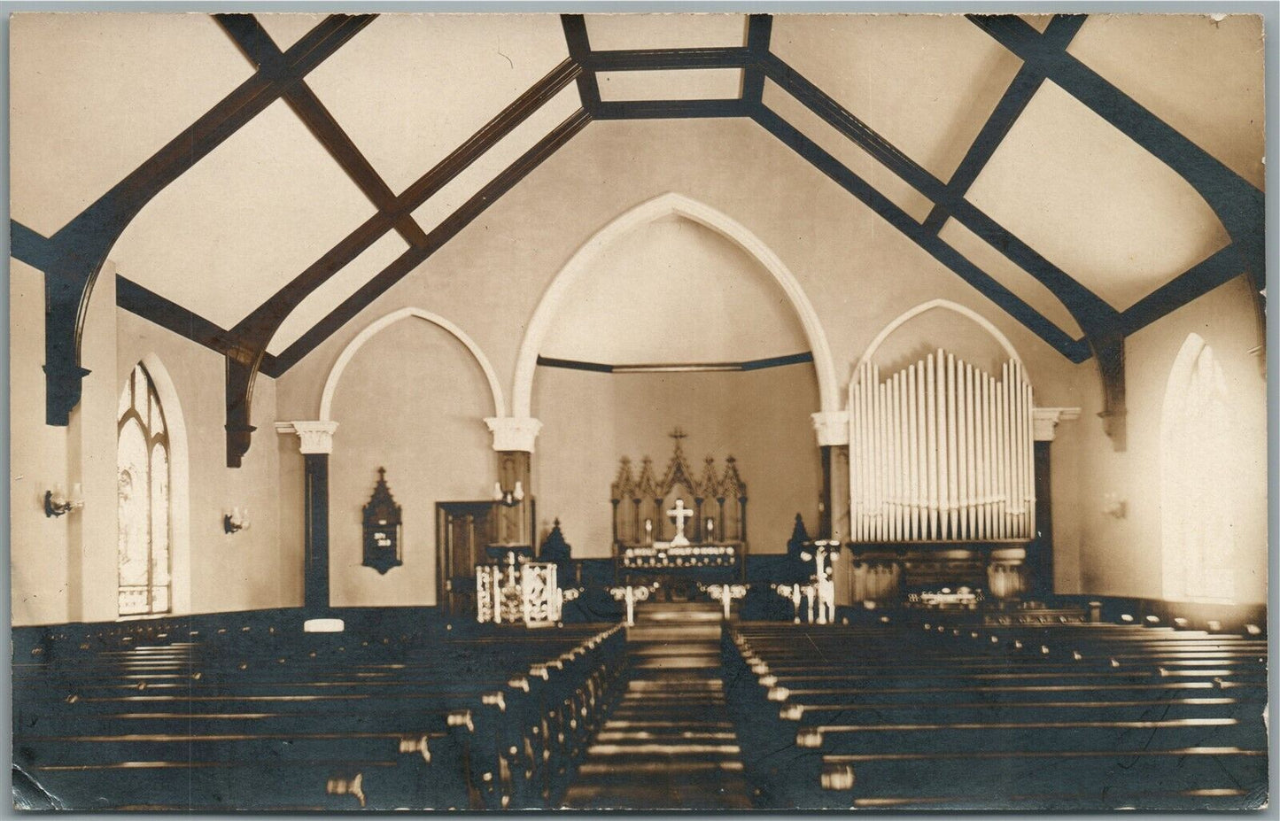 DOYLESTOWN PA CHURCH INTERIOR ANTIQUE REAL PHOTO POSTCARD RPPC