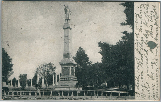 READING PA CHARLES EVENS CEMETERY SOLDIERS MONUMENT ANTIQUE POSTCARD