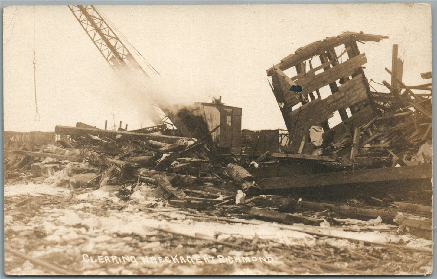 TRAIN WRECKAGE CLEARING at RICHMOND VINTAGE REAL PHOTO POSTCARD RPPC