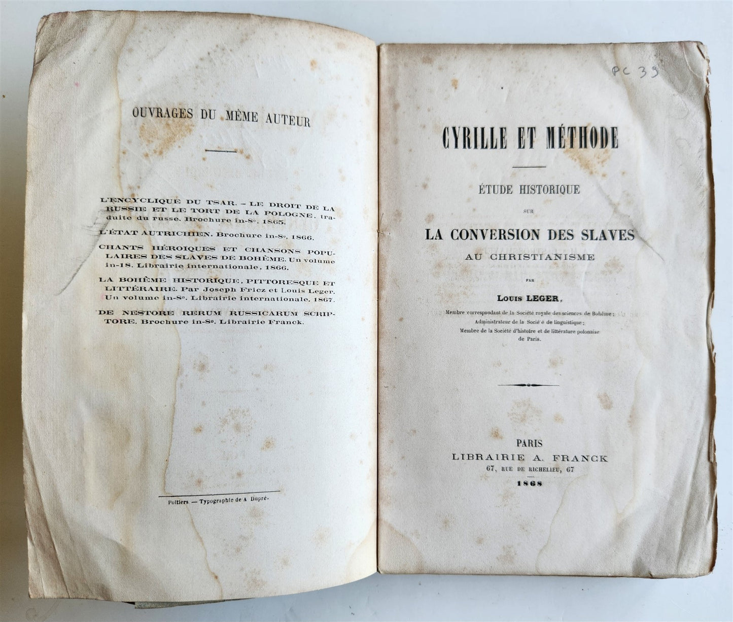 1868 HISTORICAL STUDY on CONVERSION of SLAVS TO CHRISTIANITY antique in FRENCH