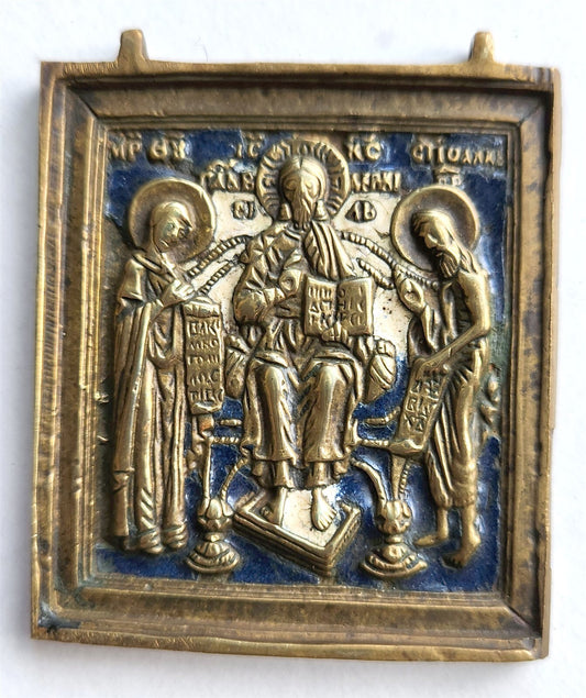 RUSSIAN SMALL BRONZE ENAMEL TRAVELER'S ICON of JESUS 19h CENTURY antique