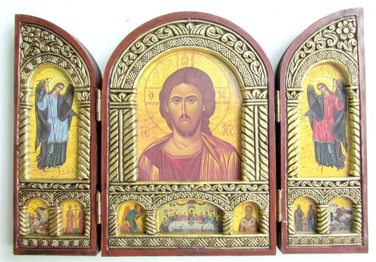 GREEK ORTHODOX ICON wooden TRIPTYCH Byzantine style JESUS & GUARDIAN ANGELS