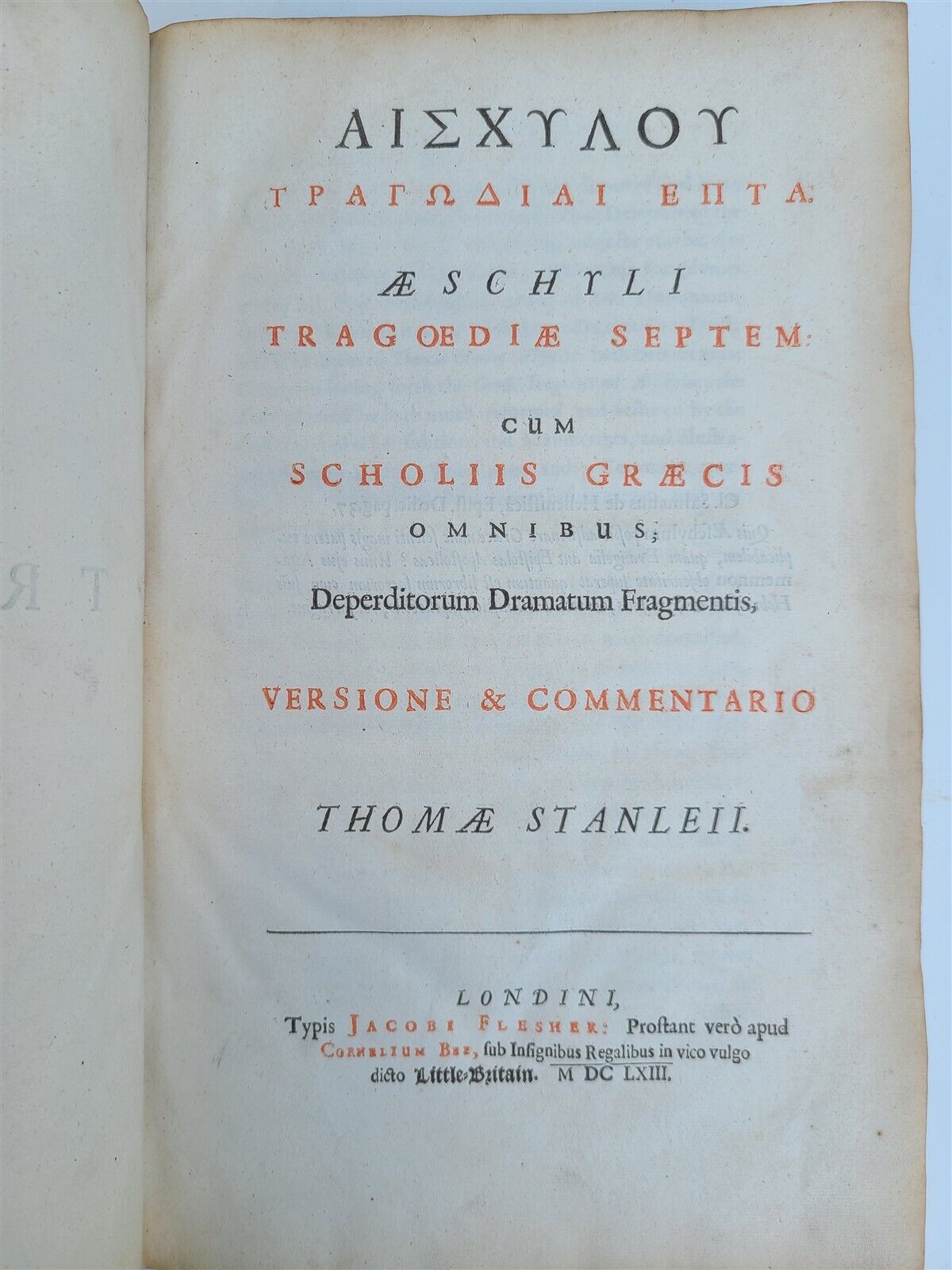 1663 AESCHYLUS TRAGEDIES antique VELLUM BOUND FOLIO w/ LATIN & GREEK TEXT