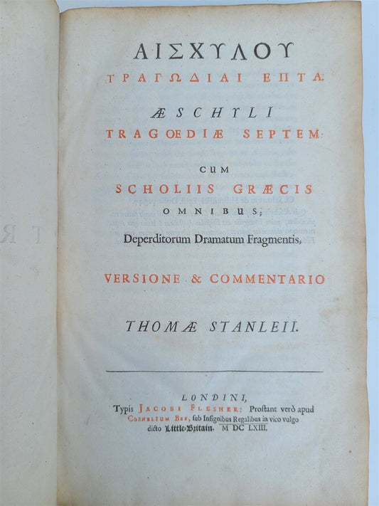 1663 AESCHYLUS TRAGEDIES antique VELLUM BOUND FOLIO w/ LATIN & GREEK TEXT