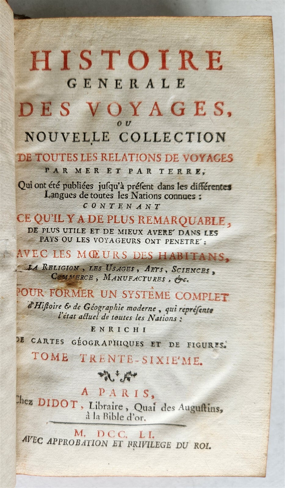 1751 HISTOIRE des VOYAGES VOL. 36 antique illustrated TRAVELS to INDIA