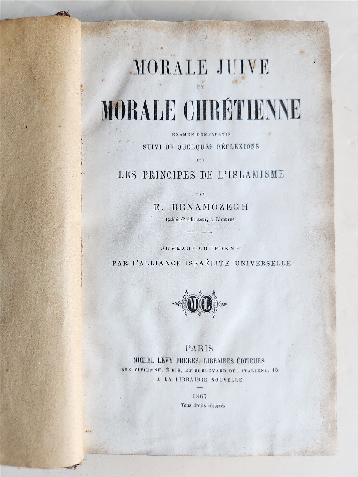 1867 JEWISH & CHRISTIAN MORALITY COMPARES to ISLAMISM antique in FRENCH