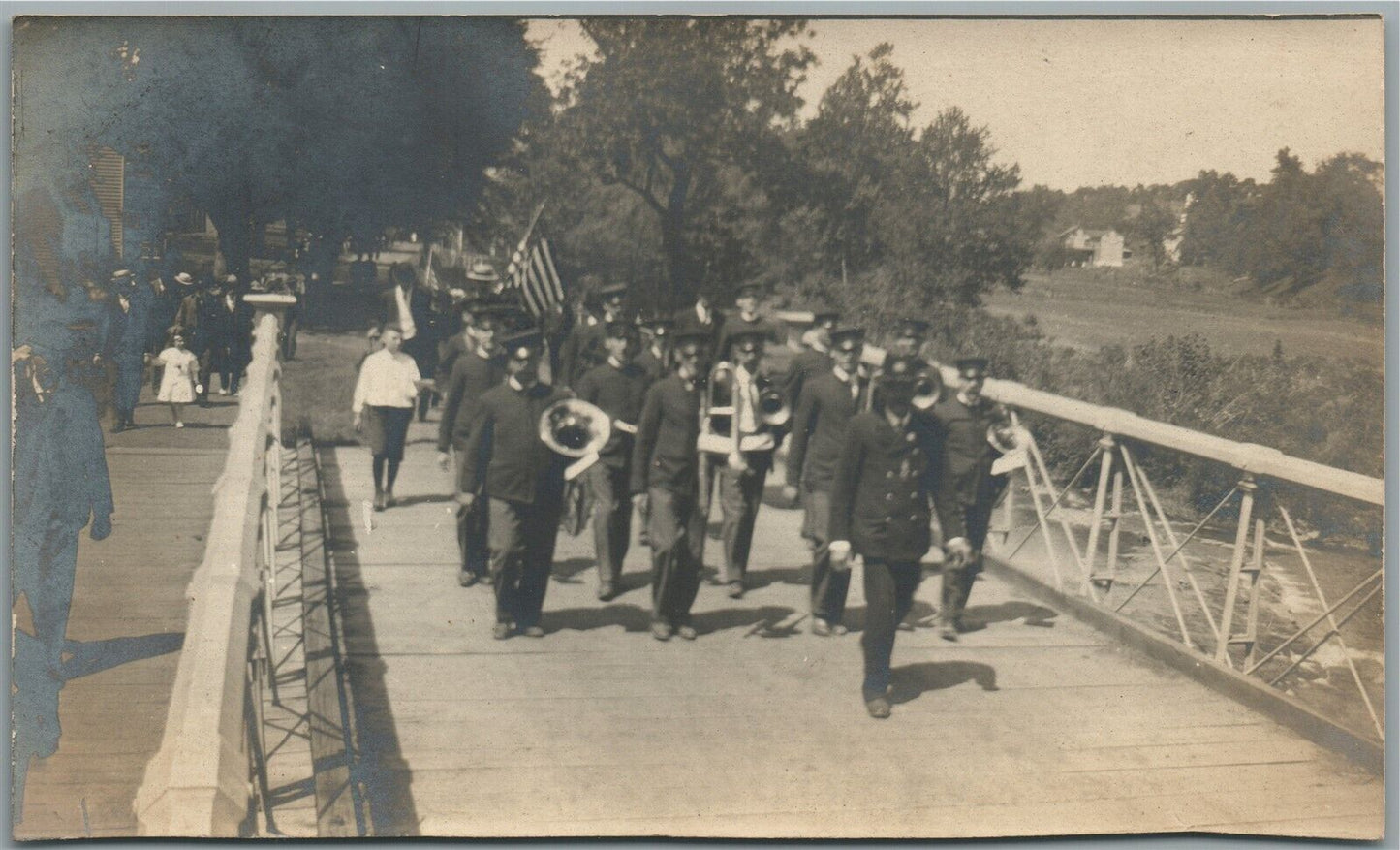 PATRIOTIC PARADE w/ AMERICAN FLAG ANTIQUE REAL PHOTO POSTCARD RPPC