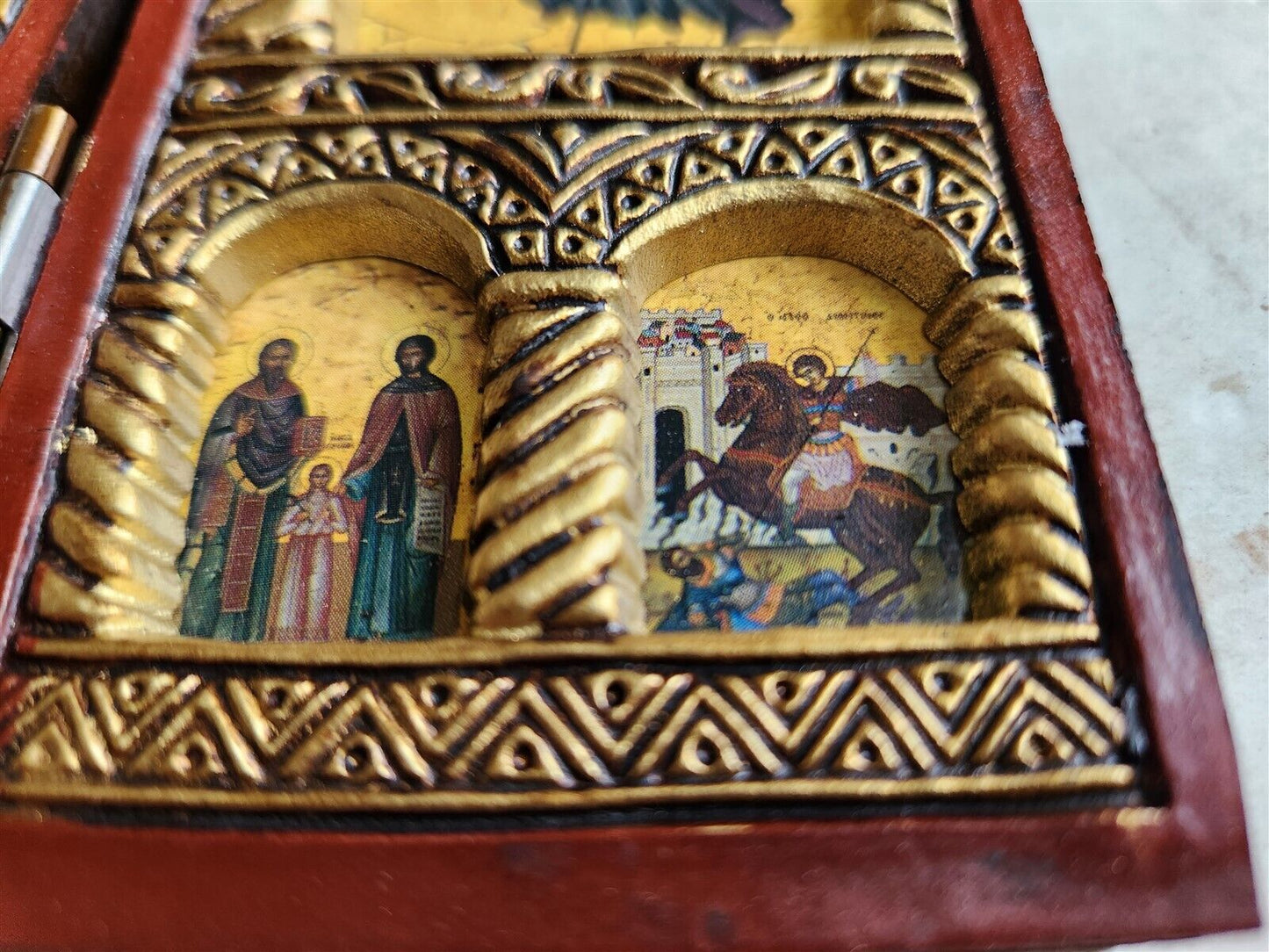 GREEK ORTHODOX ICON wooden TRIPTYCH Byzantine JESUS & GUARDIAN ANGELS w/ COA