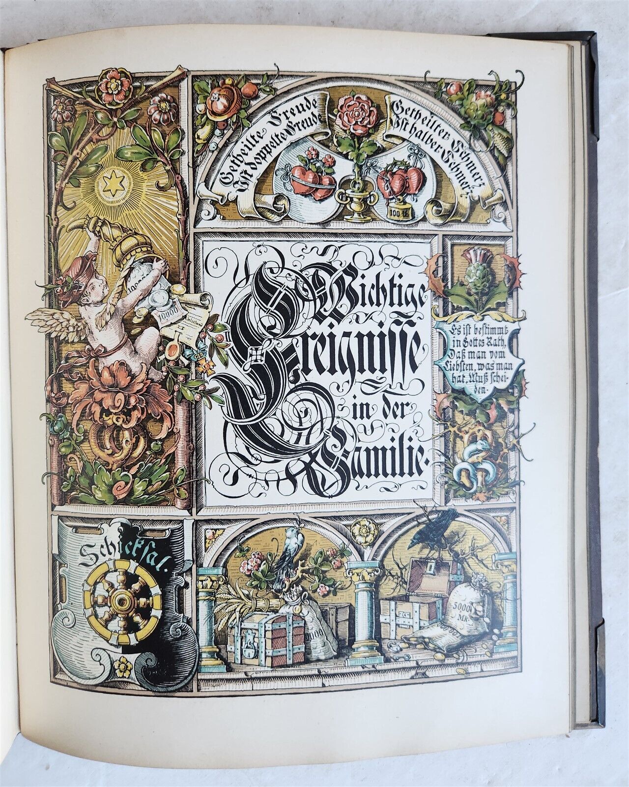 1890 FAMILY CHRONICLE w/ AMAZING BLIND-STAMPED LEATHER BINDING antique