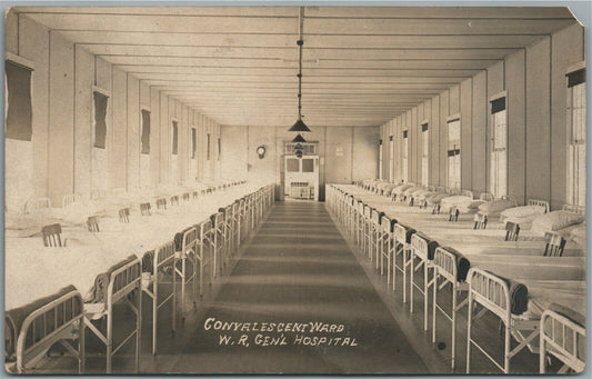 CONYALESCENT WARD W.R. GENERAL HOSPITAL WWI ERA ANTIQUE REAL PHOTO POSTCARD RPPC