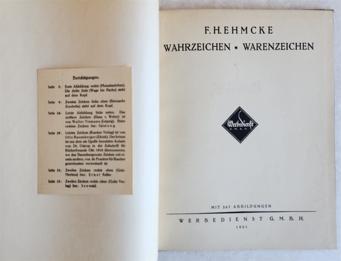 1921 WAHRZEICHEN by F.H. EHMCKE ILLUSTRATED ADVERTISING SIGNS antique in GERMAN