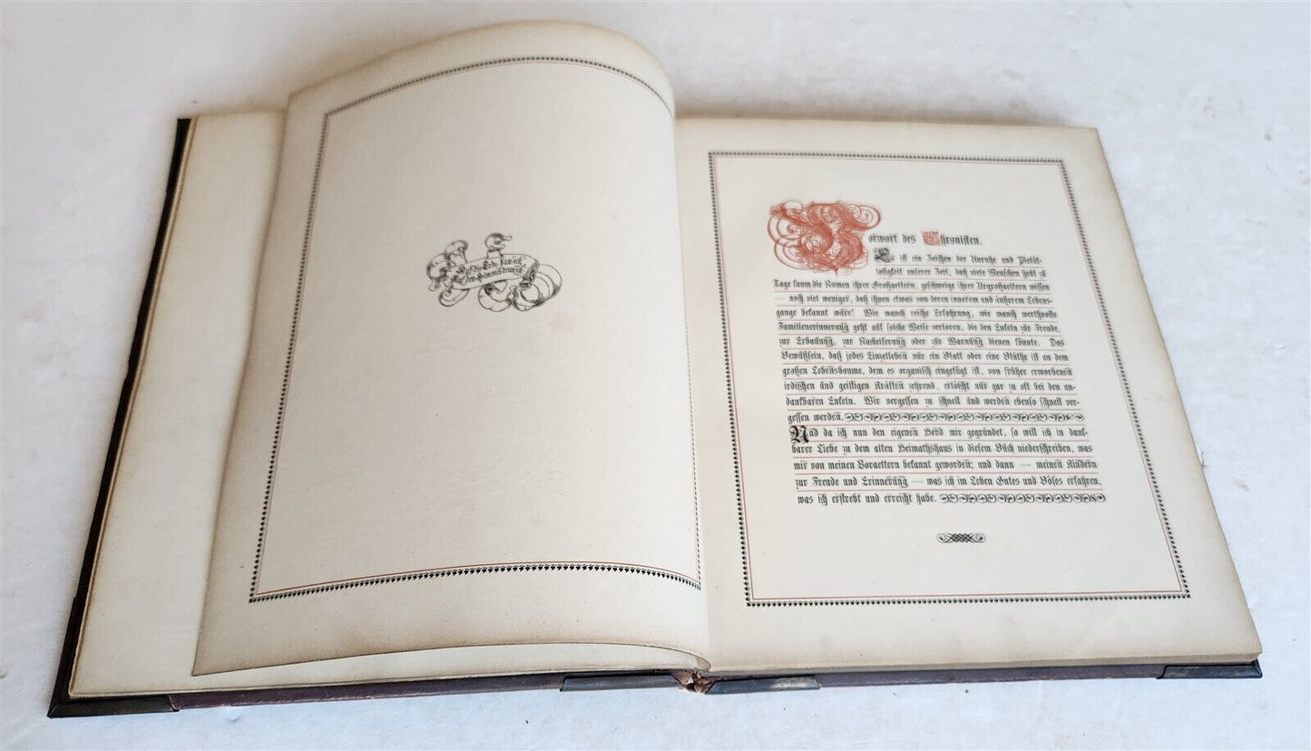 1890 FAMILY CHRONICLE w/ AMAZING BLIND-STAMPED LEATHER BINDING antique
