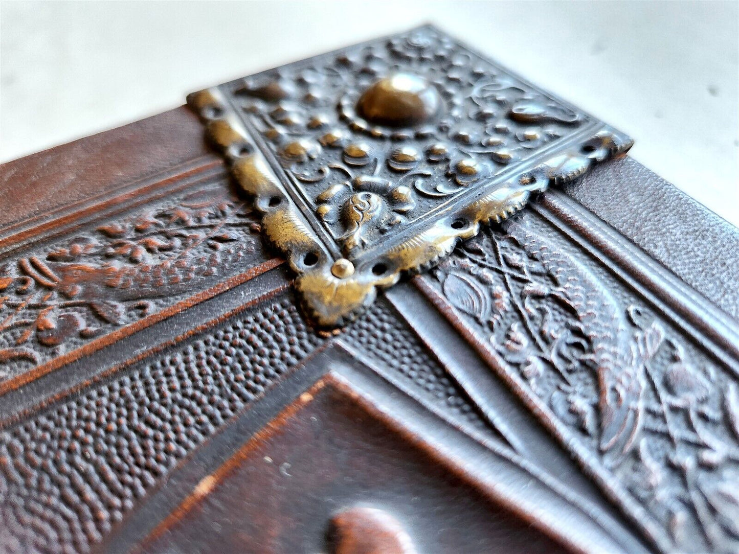 1890 FAMILY CHRONICLE w/ AMAZING BLIND-STAMPED LEATHER BINDING antique