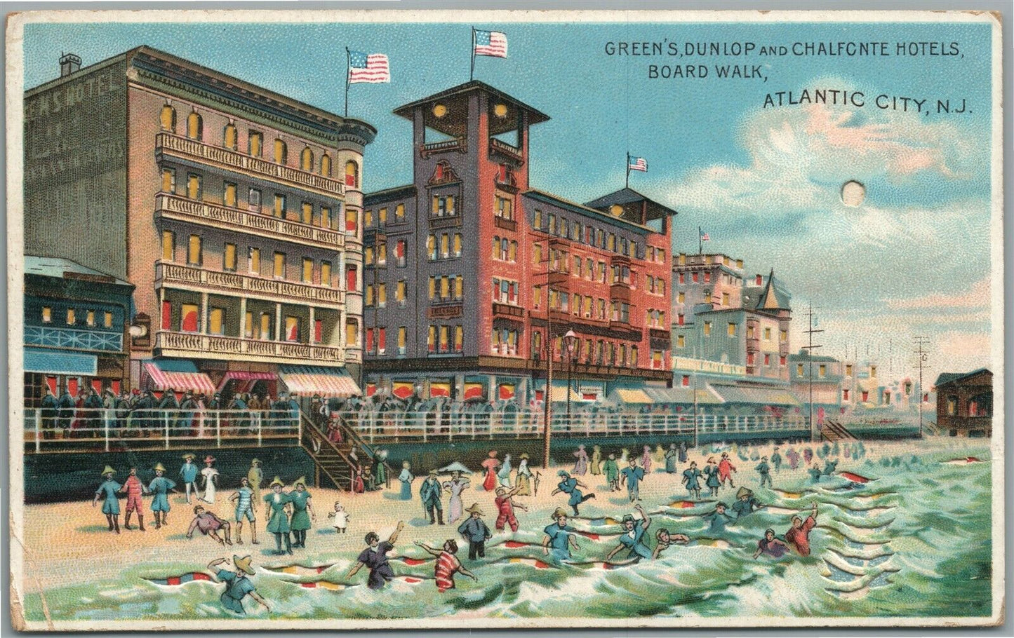 ATLANTIC CITY NJ HOLD TO LIGHT ANTIQUE POSTCARD GREEN'S DUNLOP & CHALFONTE HOTEL