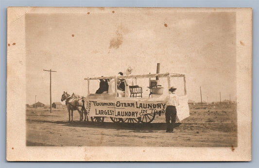 LARGEST STEAM LAUNDRY ADVERTISING HORSE WAGON ANTIQUE REAL PHOTO POSTCARD RPPC