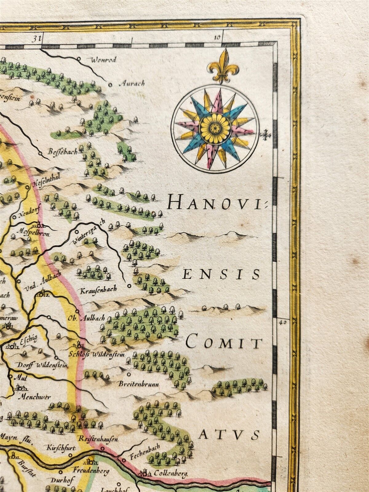1640 MAP of GERMANY ERBACH by WILLEM BLAEU antique AUTHENTIC hand colored