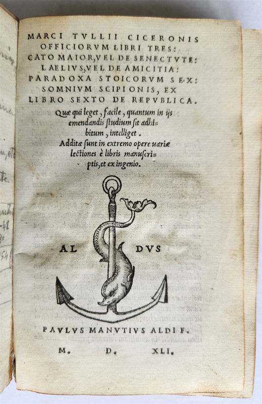 1541 ALDUS PRESS CICERO Officiorum antique 16 CENTURY vellum bound ALDINE