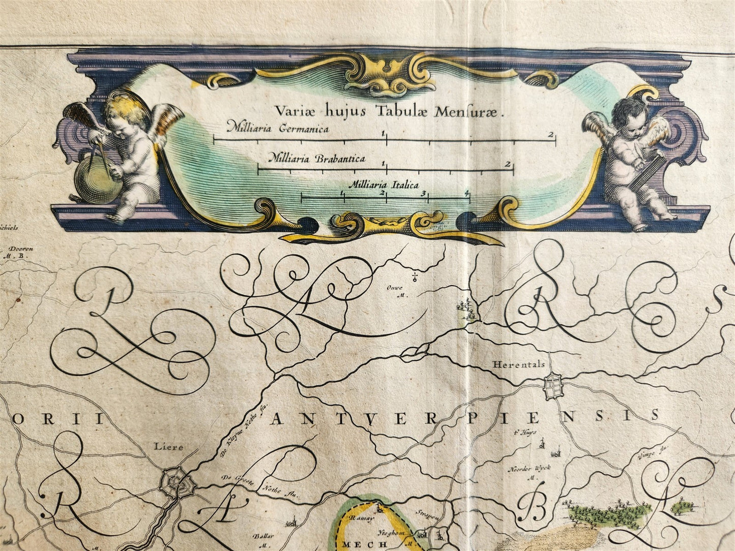 1640 MAP of MECHLIN AERSCHOT BELGIUM WILLEM BLAEU antique AUTHENTIC hand colored