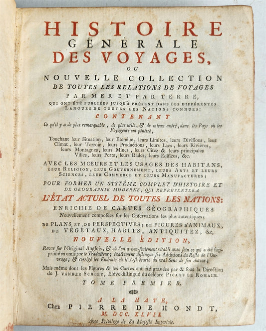 1747 HISTORY of VOYAGES by Prevost antique ILLUSTRATED JORNEY to EAST INDIES V.1