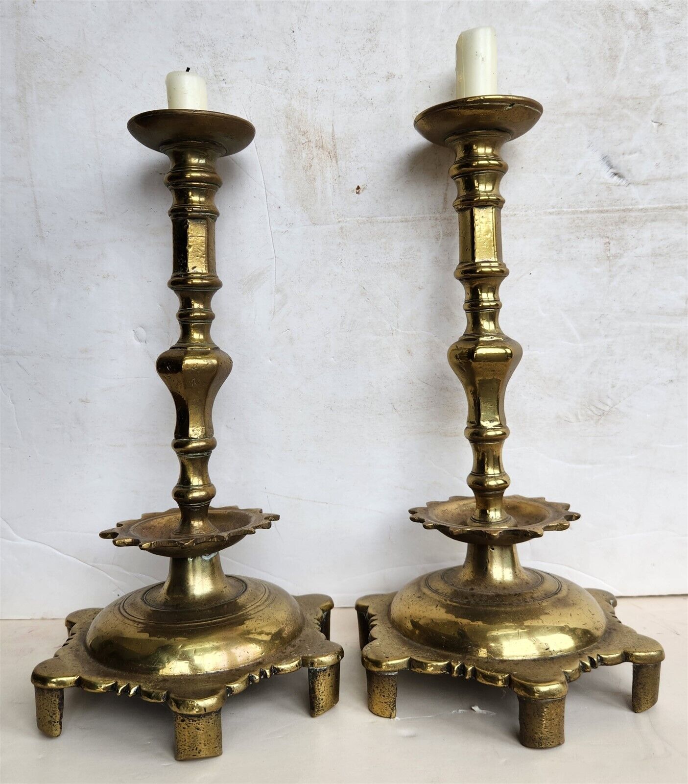 17th-18th century RUSSIAN BRONZE PAIR of CANDLESTICKS antique RARE