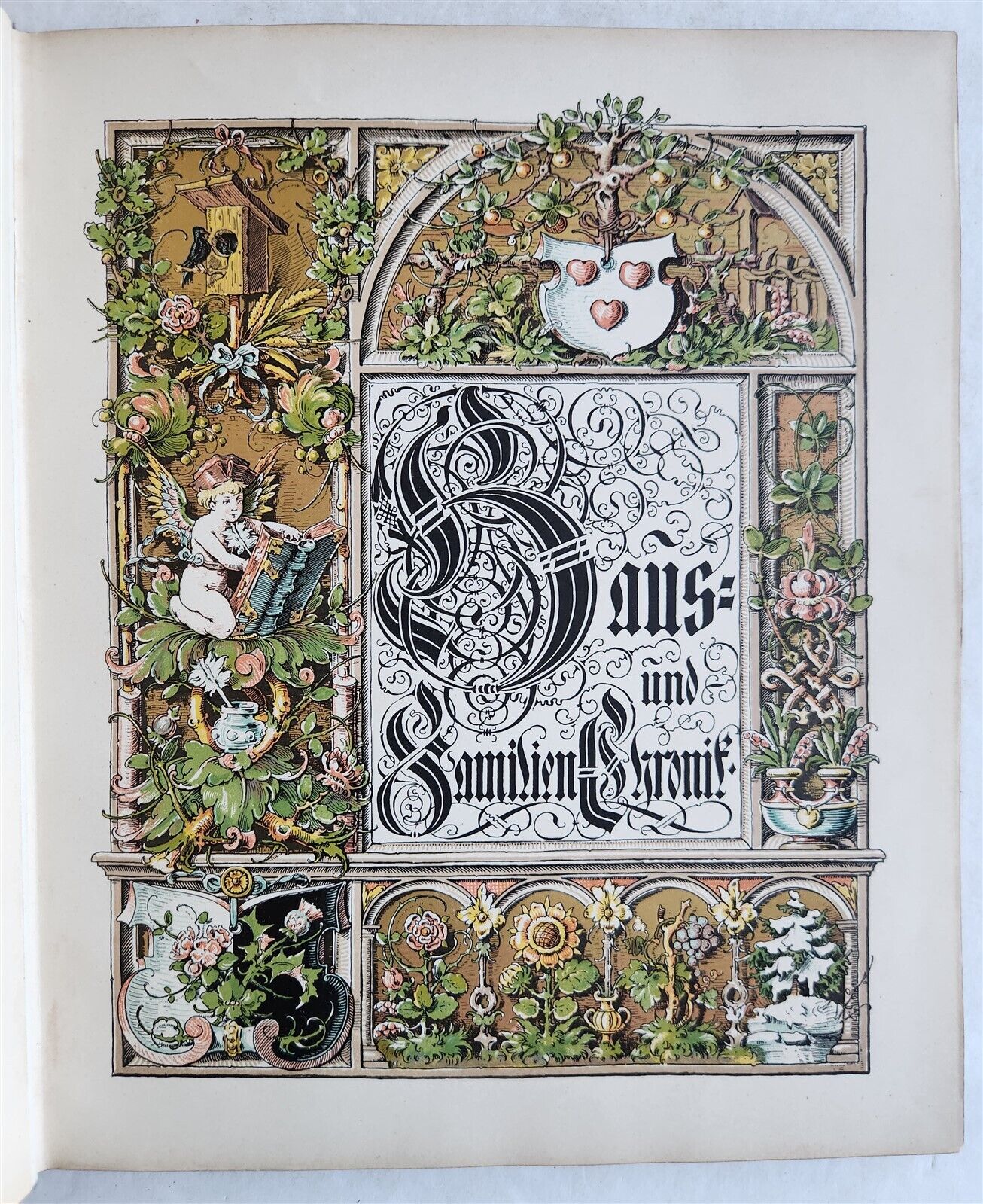 1890 FAMILY CHRONICLE w/ AMAZING BLIND-STAMPED LEATHER BINDING antique