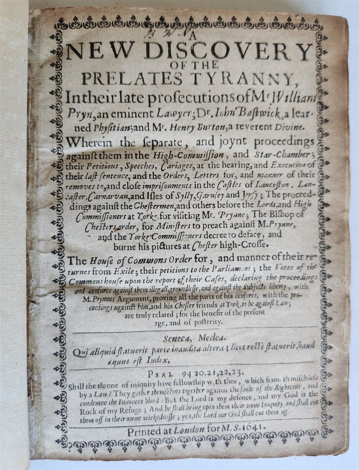 1641 NEW DISCOVERY of PRELATES TYRANNY antique in ENGLISH