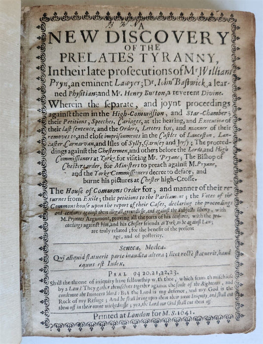 1641 NEW DISCOVERY of PRELATES TYRANNY antique in ENGLISH