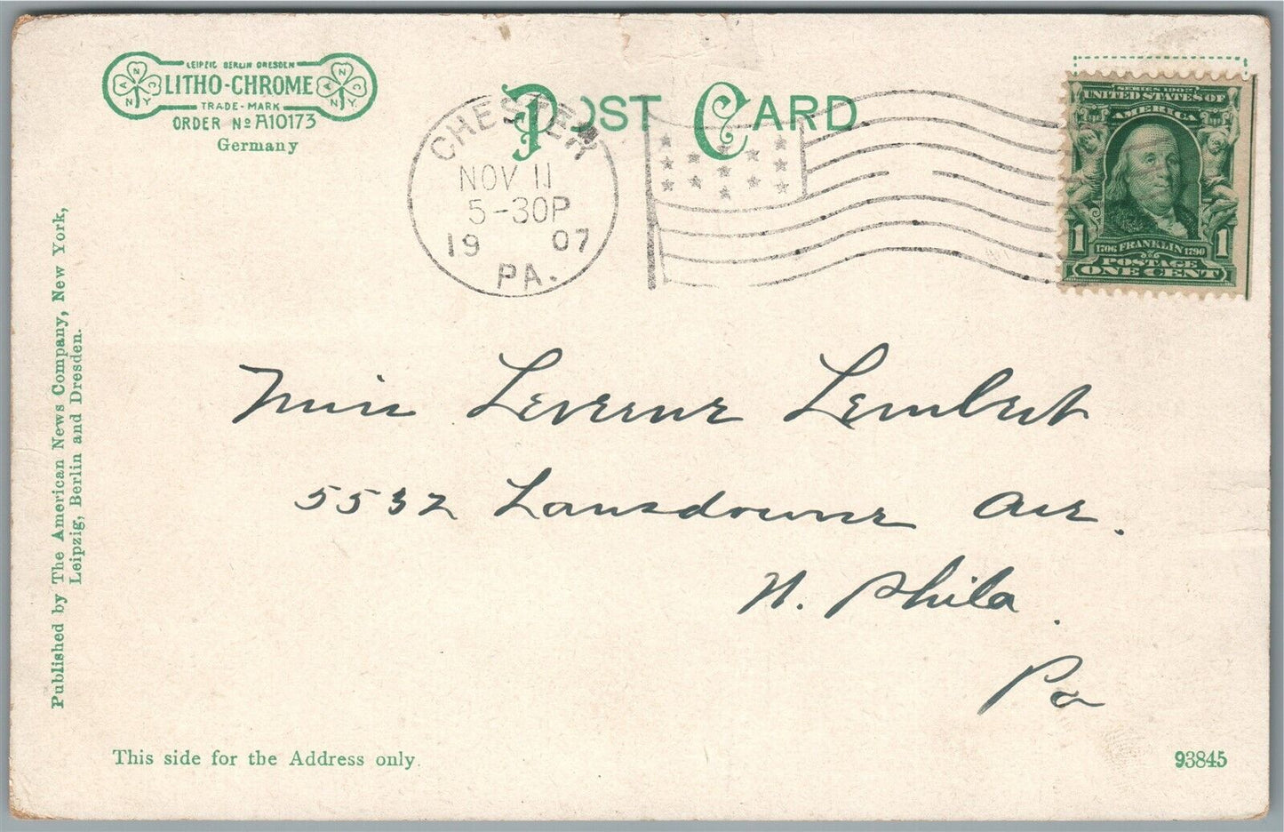 CHESTER PA PENN MONUMENT ANTIQUE POSTCARD