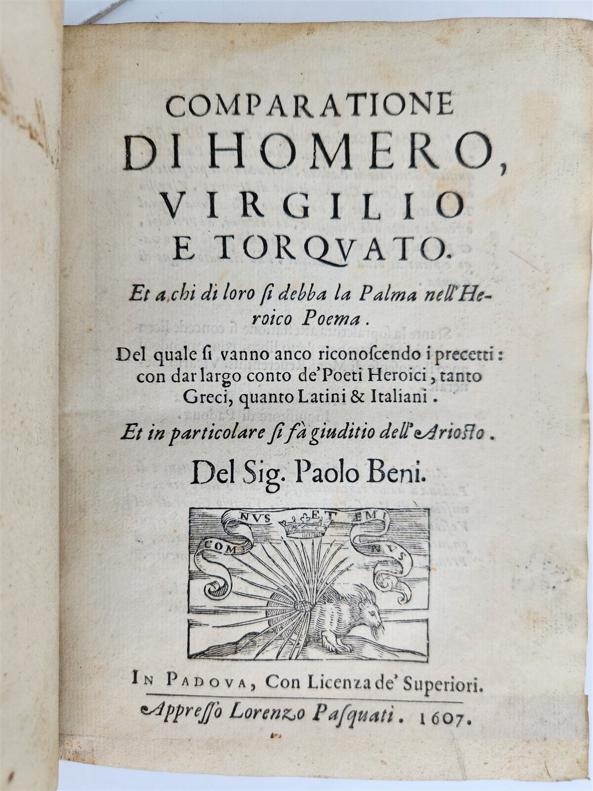 1607 COMPARATIONE DI HOMERO VIRGILIO e TORQUATO by PAOLO BENI antique