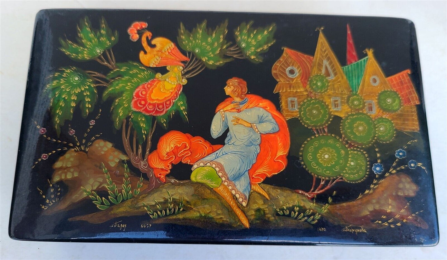 1970 RUSSIAN PALEKH SCHOOL SIGNED LACQUER BOX vintage FIRE BIRD FAIRY TALE