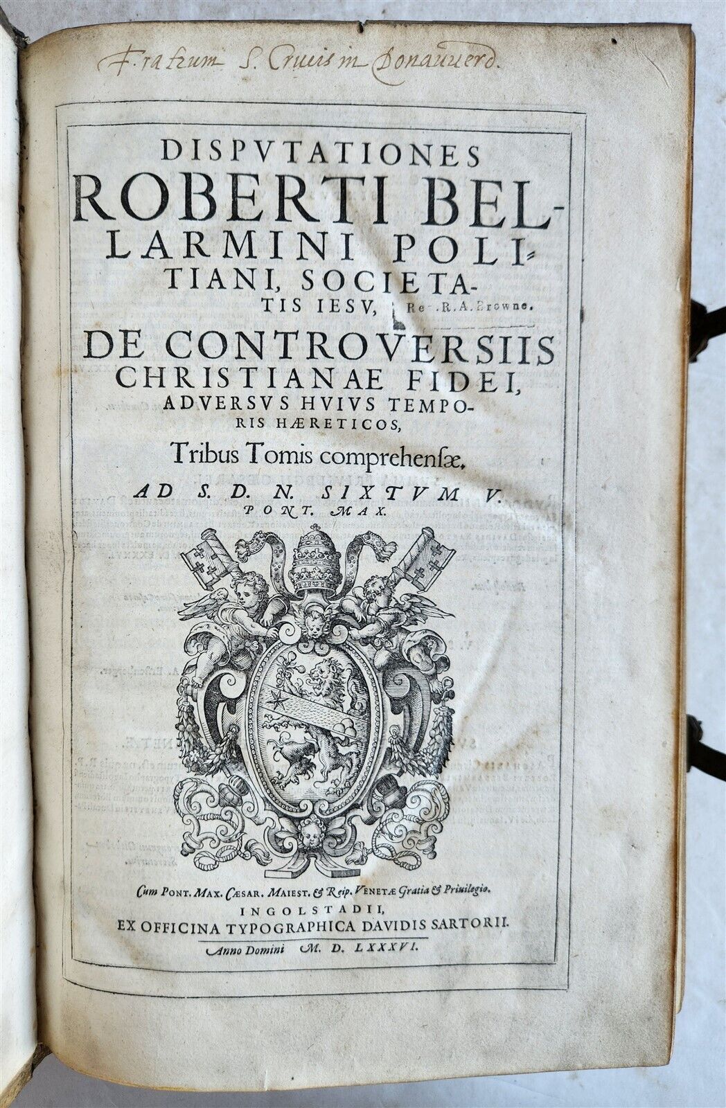1586 DISPUTATIONES AGAINST HERETICS ROBERTI BELLARMINI antique PIGSKIN FOLIO v.1